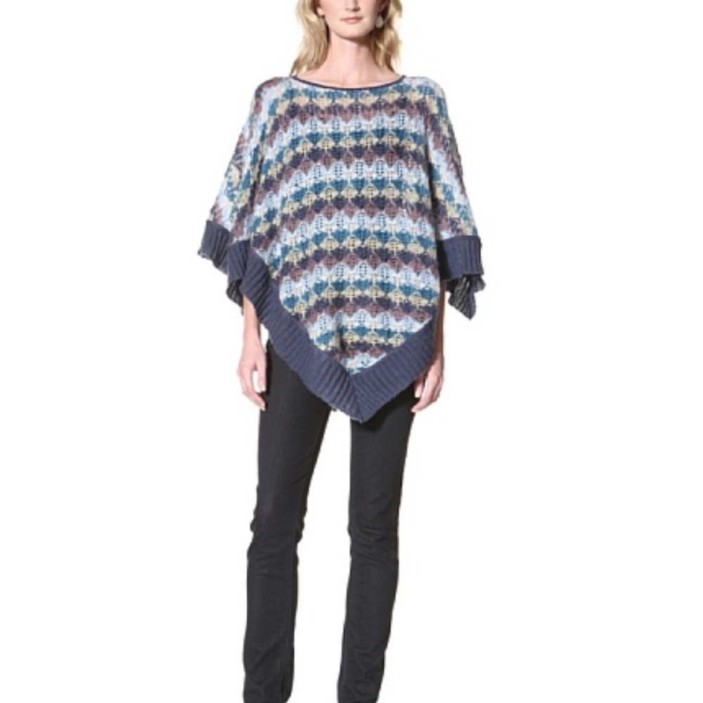 Missoni Mohair Crochet Poncho Zigzag Sweater Cape Orange Label Boho Blue NEW